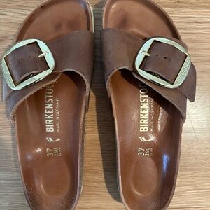 Women’s Birkenstock Madrid Big Buckle Sandals in Cognac Oiled Leather - Size 37